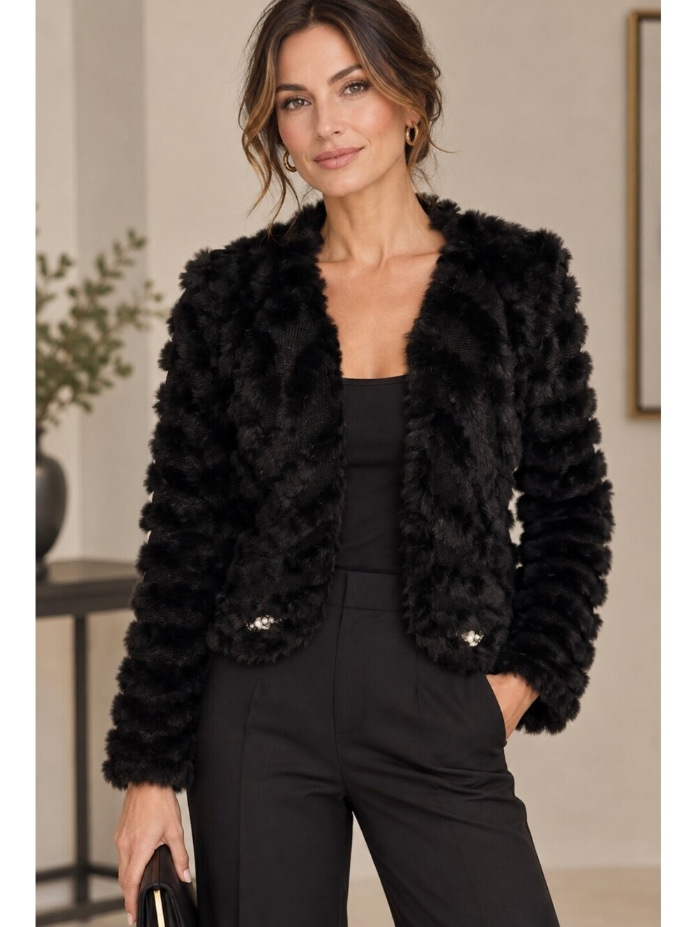 Black Icicle Cropped Rabbit Fur Jacket with jewel accent trim - Picture 1 of 7